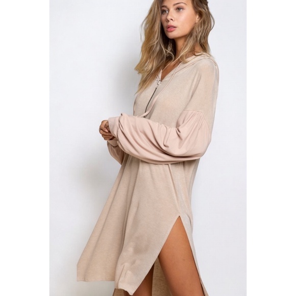 POL Mocha Beige Half Zip Long Sleeve Knit Slouchy Hoodie Dress - Picture 3 of 6